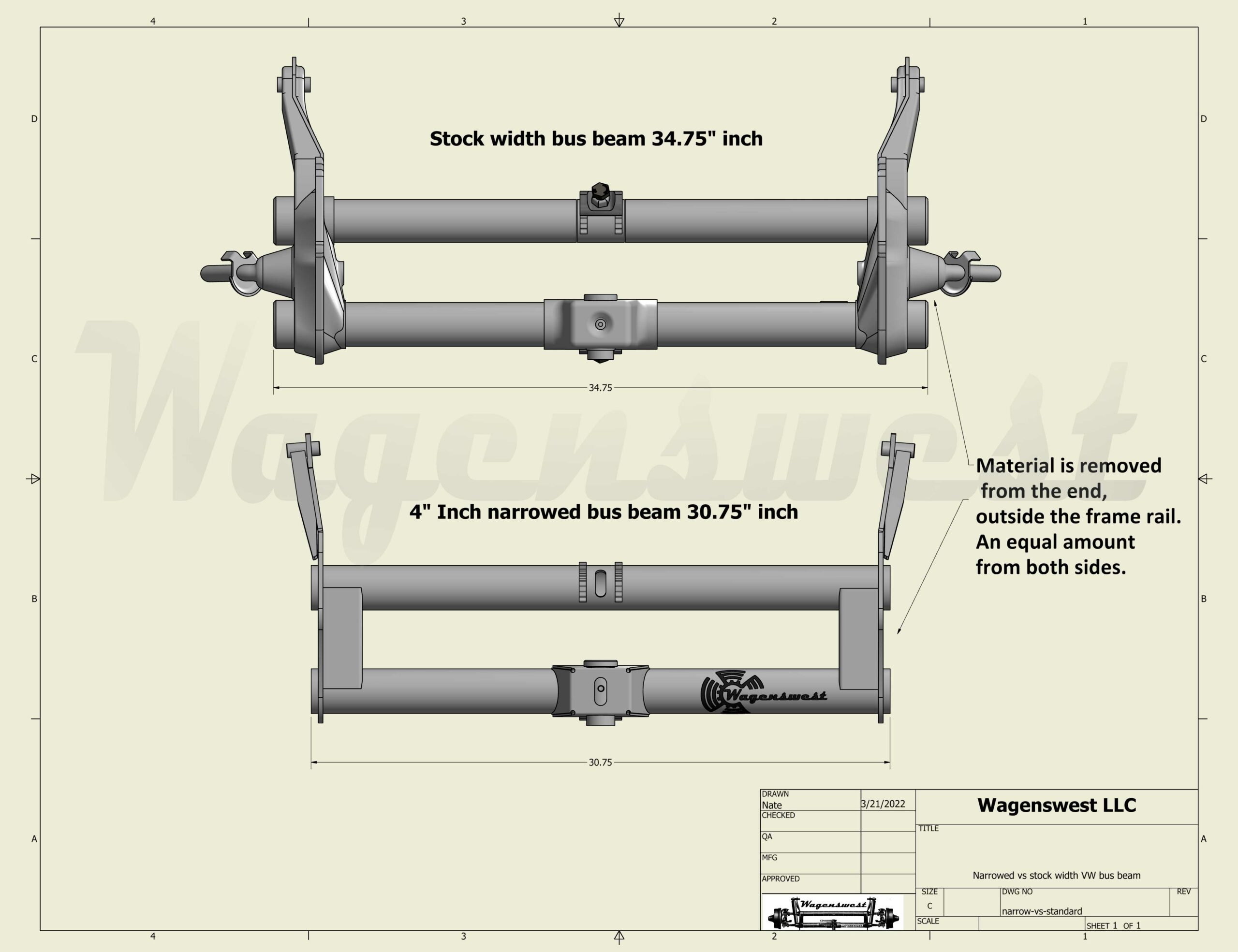 Narrowed Volkswagen bus beam verses a stock VW bus beam. 